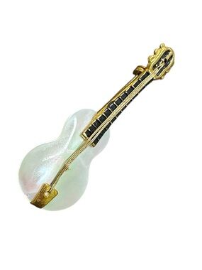 Vintage Iridescent Mother of Pearl and Gold Tone Guitar Brooch - Western Germany